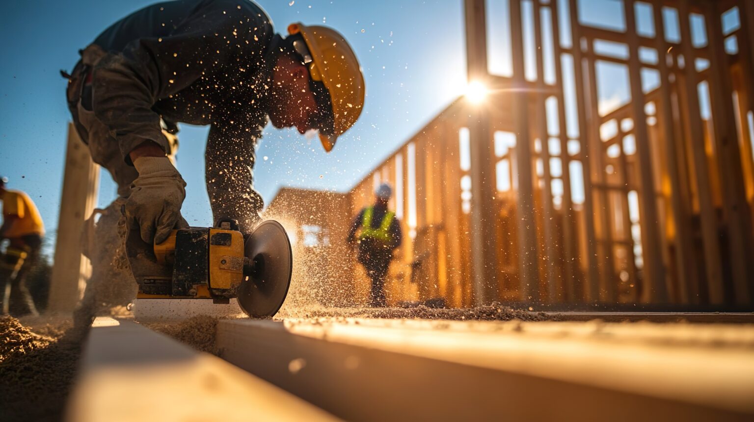 construction workers building a wooden structure on site